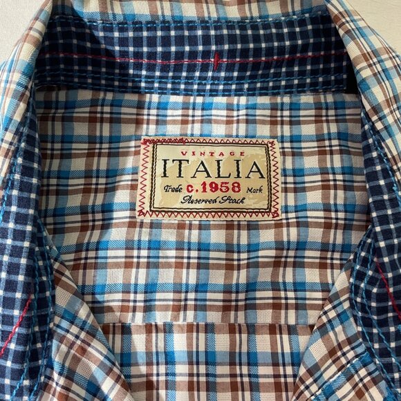 Vintage Italia C.1958 Mens Plaid Size L Sleeve Button-Up Shirt Blue & Brown - Picture 4 of 8